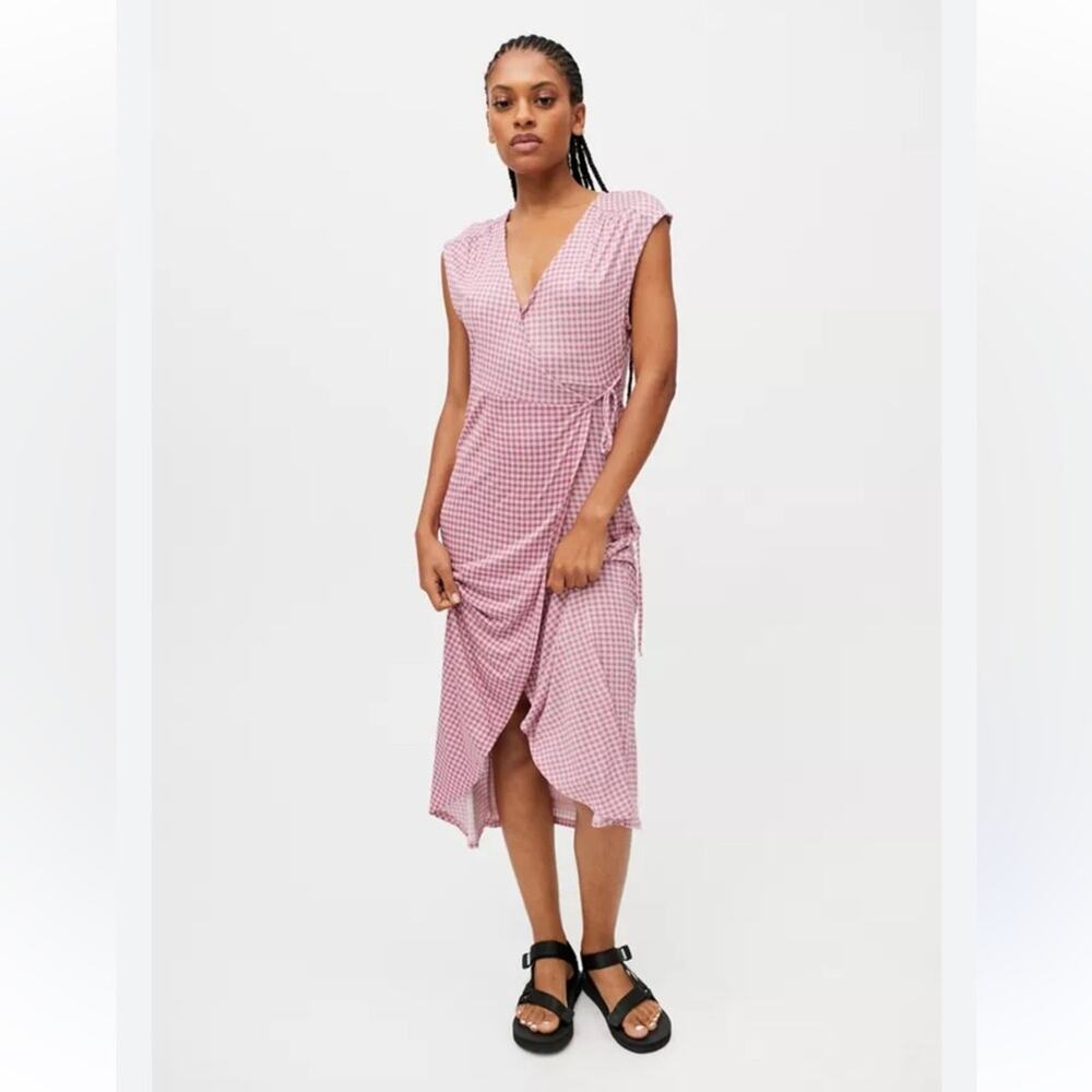 Urban Outfitters Pink Purple Gingham Wrap Dress Deep V Tie Waist Coquette L